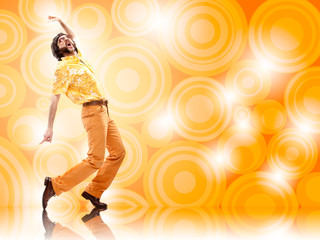 1970s vintage man dance with orange background