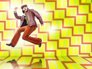 Fototapeta premium 1970s vintage man dance with green texture background