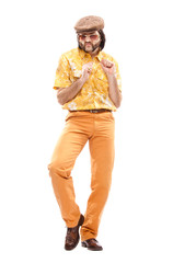 1970s vintage man with orange dress dance isolated on white