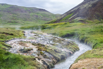 Geothermally active valley of Haukadalur. Thermal springs. Iceland.