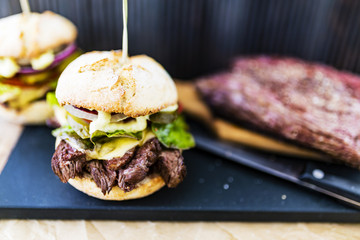 Beef burger with fresh vegetables, Delicious homemade burger, bavette

