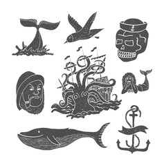 Marine themes & tattoo. Sailor. Ocean. Octopus. Whale. Skull. Anchor. Vector illustration in doodle style.