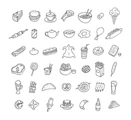 Set of icons about food and drink. Doodle. Sketch. 