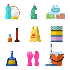 Cleaning icons set with mop soap and gloves 