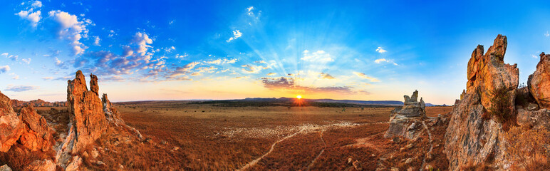 Beautiful panorama of the afternoon sunset at 'La Fenetre', in Isalo national park in Madagascar