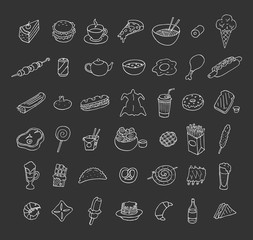 Set of icons about food and drink. Doodle. Sketch. 