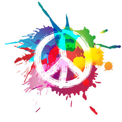 Peace sign in front of colorful splashes
