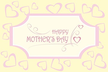 Greeting card Happy Mother's day. Pink typing on light background, hearts on light yellow, decorative, vector