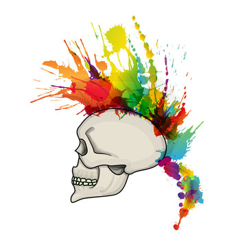 Skull With Mohawk Hair Style Made Of Colorful Grunge Splashes