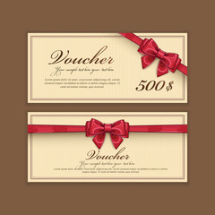 Gift discount voucher template, vector layout. Special offer coupon. Business voucher layout with gift bow red color. Vintage style. - obrazy, fototapety, plakaty