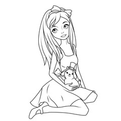 Coloring book: Alice holding rabbit wearing top hat