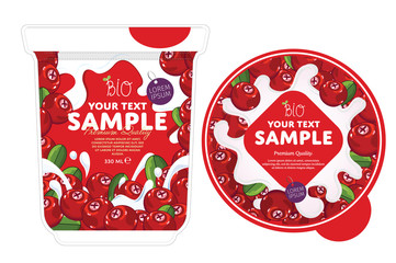 Cranberry Yogurt Packaging Design Template. Yogurt Splash on Cranberry. Milk Spash, Cranberry yogurt. Sweet desert. Healthy breakfast. Dairy product. Organic food. 