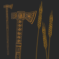 graphic outline ax with ornaments and the stalks of wheat on a background