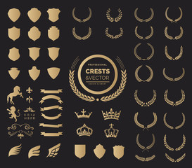 Crest logo element set, Coat of arms, Award laurel wreaths and branches vector illustration.