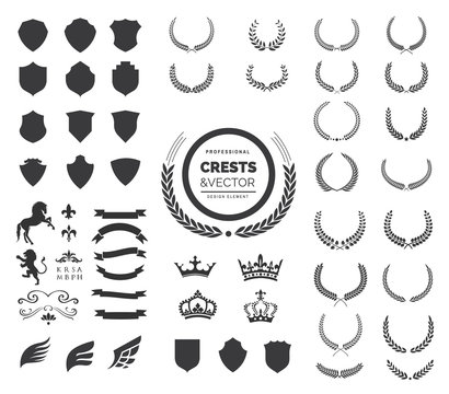 Crest logo element set, Coat of arms, Set of award laurel wreaths and branches ,vector illustration.