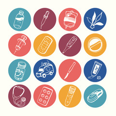 A set of hand-drawn icons on a theme medicine/Vector set of linear images on the topic of medicine, medicine and health. Sketches for use in design, web site, packing, textile, fabric