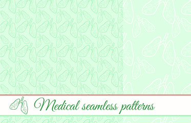 Two seamless patterns with lungs/Background medical theme with painted objects in the style of the line sketch, doodle. Simple pale green pattern for your design