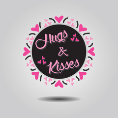 Hugs and Kisses black circle label with pink heart border on gray gradient background