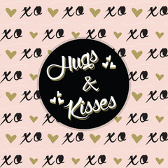Hugs and Kisses black circle label on trendy pink XO pattern
