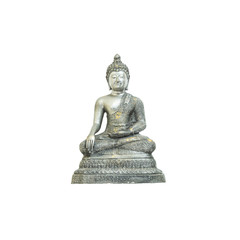 Closeup old silver buddha statue isolated on white background