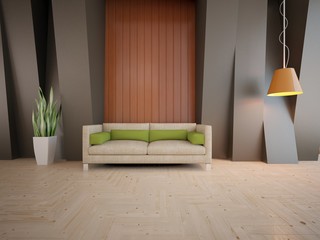 Wooden interior of living room with colored furniture