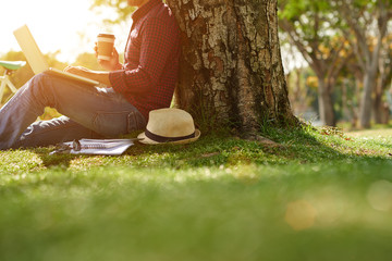 Cropped image of man sitting under the tree with coffee and laptop
