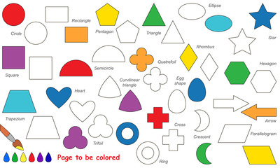 Set of simple geometric shapes cartoon. Page to be colored. 