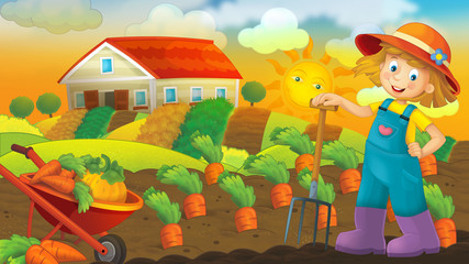 Obraz na płótnie Canvas Happy farm scene with a young farmer child - illustration for children