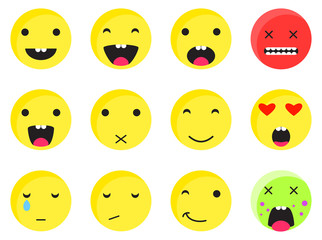 Yellow round smile emoji set. Emoticon icon flat style vector set. Expression comic emoji rabbits. Smiley face icons.