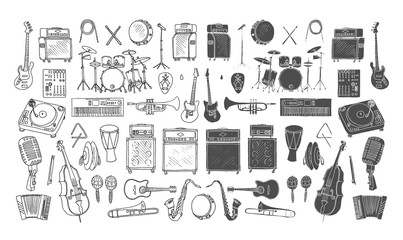 Big collection of Music Instruments. Hand drawn illustration in doodle style.Isolated