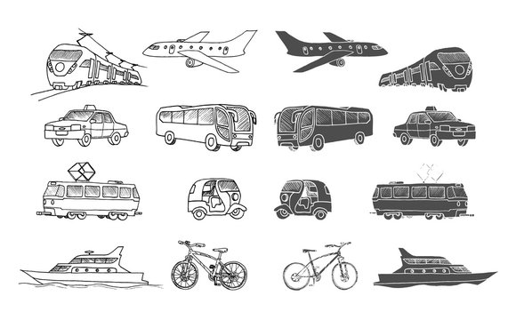 Hand drawn collection of passenger transport . Doodle set. Isolated