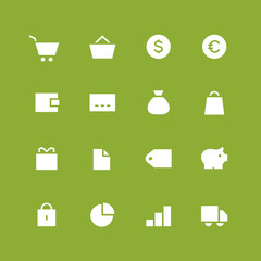 Invert shop and money vector icon set. Different white symbols on the colored background.