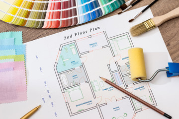 architectural plan of the house with  color palette