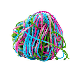 Tangled yarn, Tangled colorful sewing threads on white backgroun