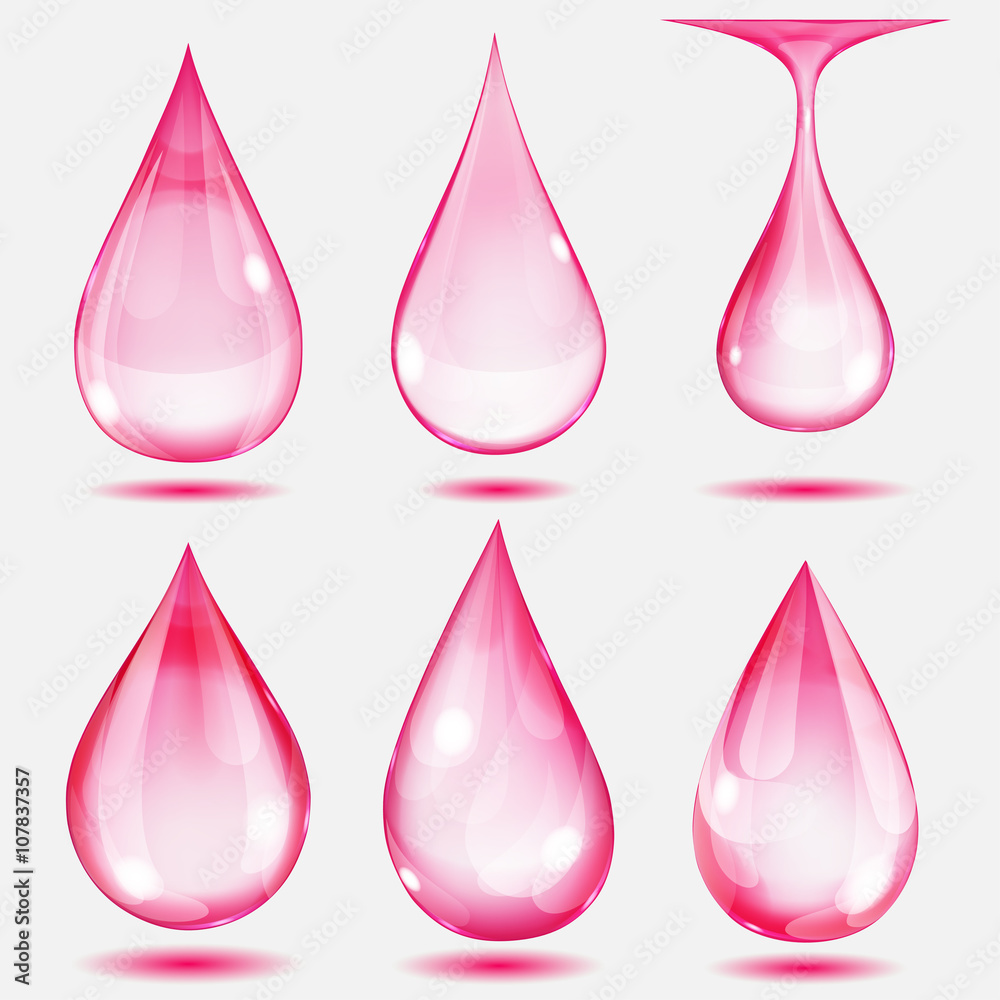 Wall mural Set of transparent drops in pink colors. Transparency only in vector file