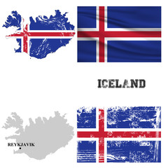 Map and flag of Iceland in the ancient and modern style.