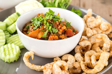 Nam Prik Ong , chili pork , Fried pork skin , Vegetable on woode
