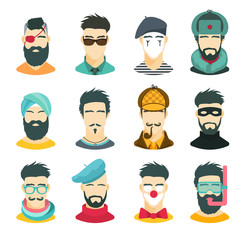 Fun flat icons collection of various men with stylish haircuts and beards. Modern design vector illustration set. Isolated on white background.