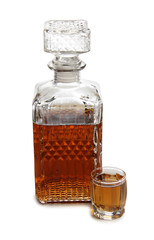 Glass jars with whiskey and ice on white background