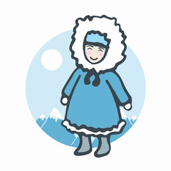 Cute north smiling character. Alaska happy kid. Winter clothing on cheerful personage. Vector cartoon illustration.
