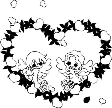 Two pretty angels and the colorful heart wreath.