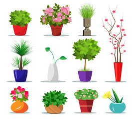 Set of colorful flowerpots for house. Flat style indoor pots for plants and flowers. Vector illustration isolated. Collection of modern flower pots and vases.