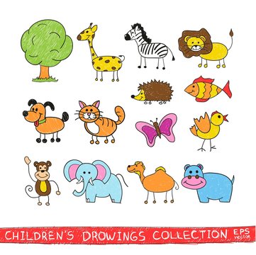 Funny zoo in child hand drawing image. Cartoon illustration of cute animals vector doodles set