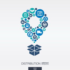 Fototapeta premium Color circles, flat icons in a map pointer and box shape for distribution, delivery service, shipping, logistic, transport concepts. Abstract background, connected objects. Vector illustration.