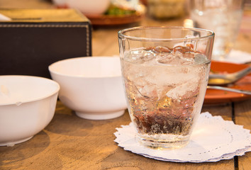 Glass water , Coaster White on wooden table.
