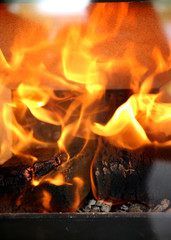 Close up of burning fireplace at home
