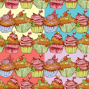 set of seamless patterns with decorated sweet cupcakes - backgro