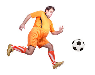 fat soccer player kicking the ball isolated on a white background