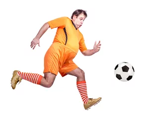 Foto op Plexiglas fat soccer player kicking the ball isolated on a white background © milkovasa