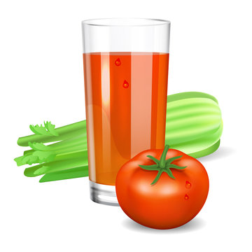 Glass with tomato and celery juice. Tomato and celery. 